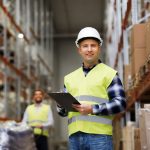 Warehouse racking inspector stands in hard hat with clipboard